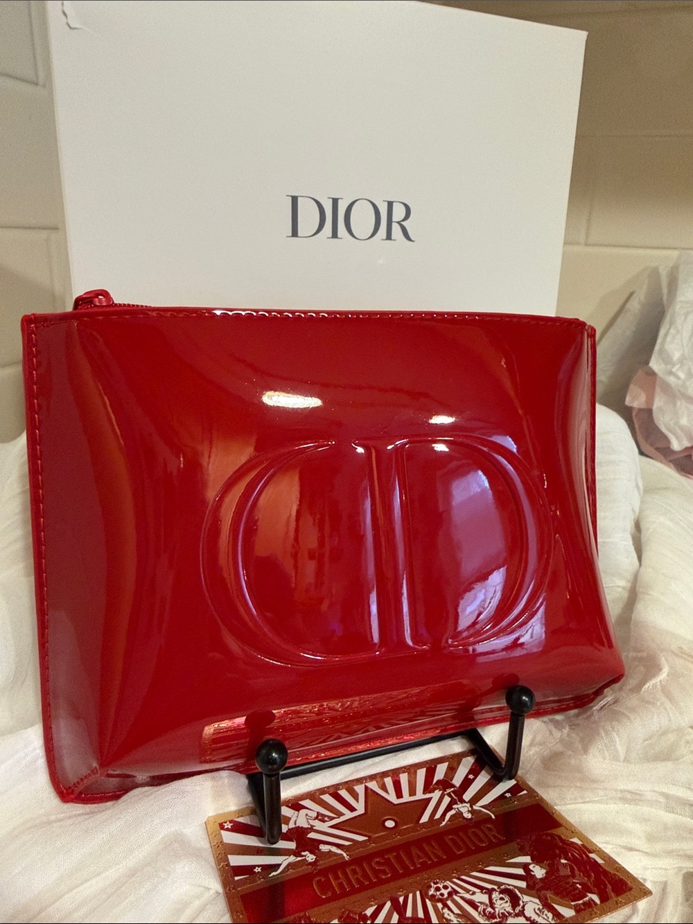 Dior Red Patent Embossed CD Zip Pouch GWP includes extras inside NIB